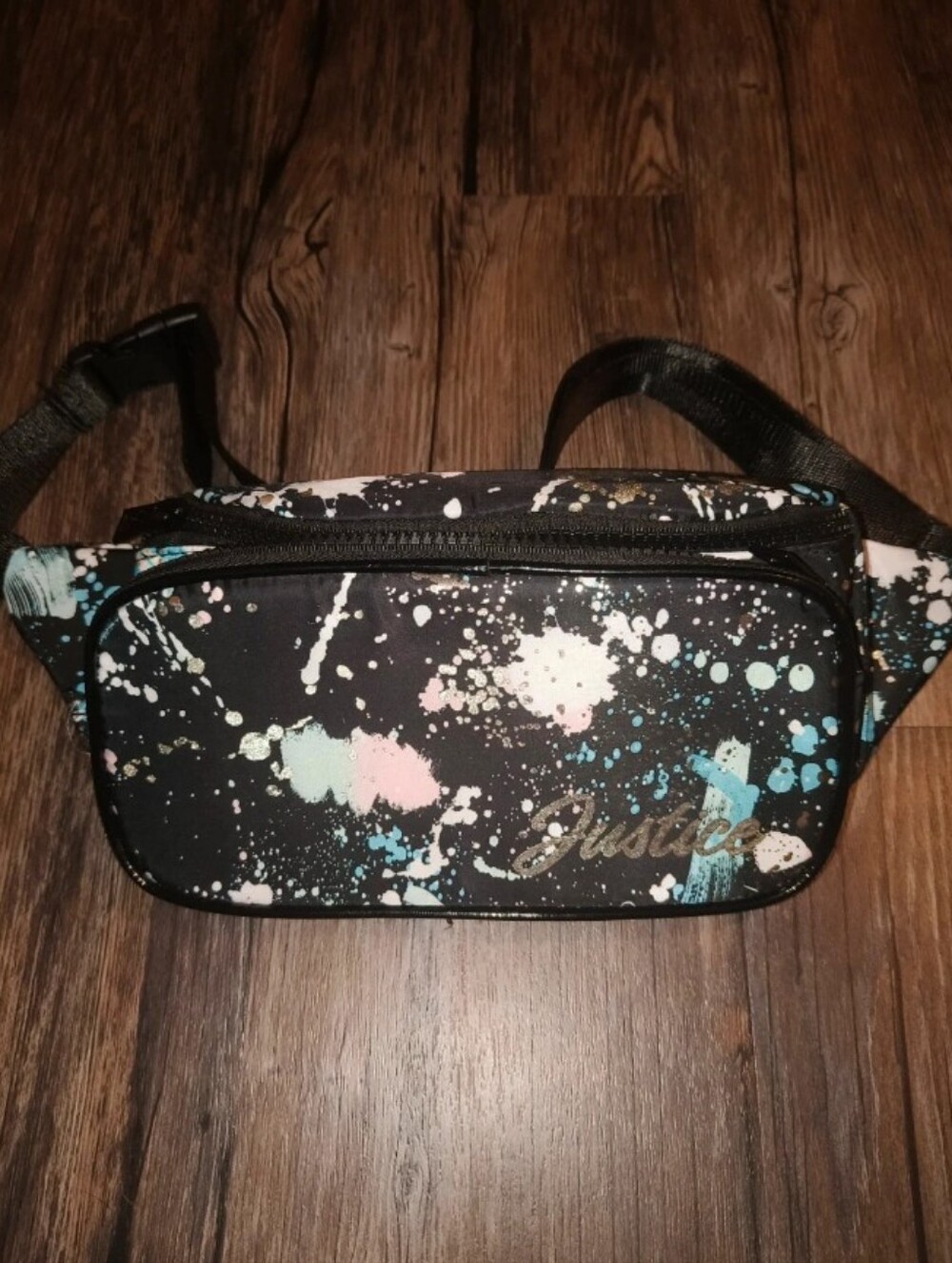 Justice Black Waist Bag with Pastel Splatter Accents